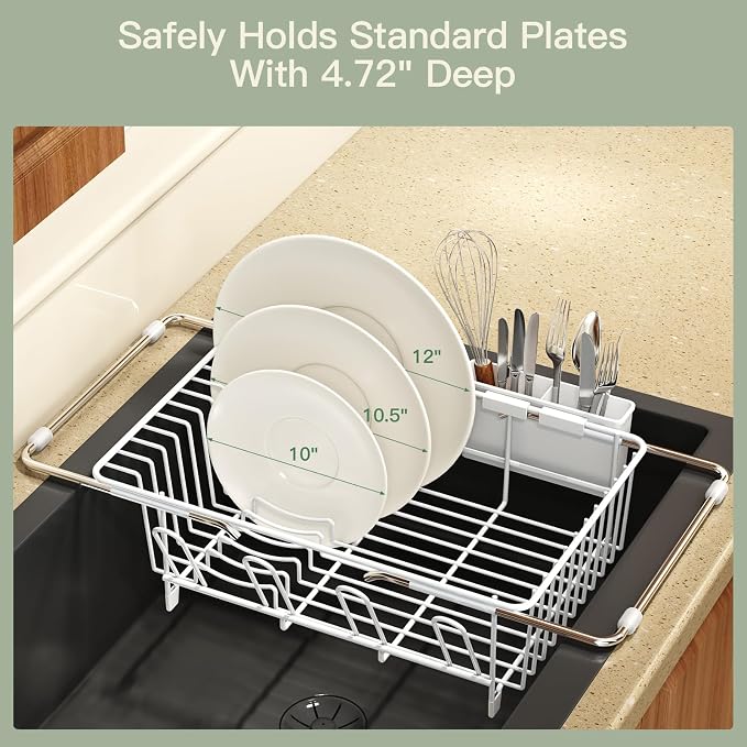 White Dish Drying Rack Over Sink with Utensil Holder, Drainboard | Expandable Stainless Steel Dish Drainer for Small Kitchen, Apartment, RV, Counter Space Saving, Perfect Fit, Rustproof