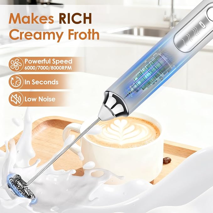 Handheld Milk Frother, Rechargeable Milk Frother, Coffee Mixer Wand, White | Electric Drink Mixer with 2 Stainless Steel Whisks 3 Speeds, Frother Wand for Latte, Cappuccino, Matcha, Hot Chocolate, Egg