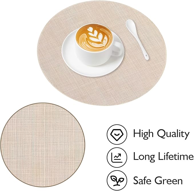 Beige Round Placemats Set of 4, 15 Inch Washable Easy to Clean Heat-Resistant Anti-Skid Beige Placemats for Holiday Party Kitchen Dining Room Decoration