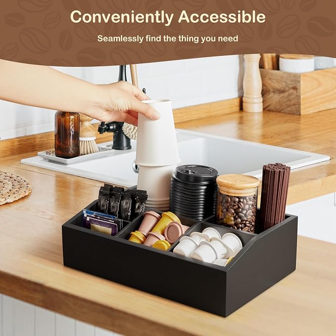 Black Coffee Station Organizer for Countertop, Coffee Bar Accessories and Organizer, Coffee Pod Holder Storage Basket for K Cup Sugar Tea