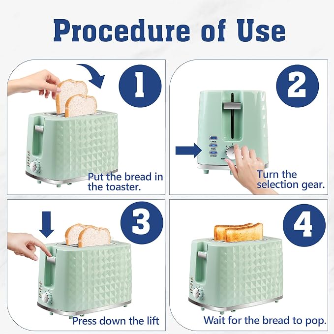 Toaster 2 Slices, Toasters Wide Slot, Bread Toaster with Cancel, Bagel, Defrost Function, Bagel Toasters with Removable Tray & 6 Temperature Settings, Green