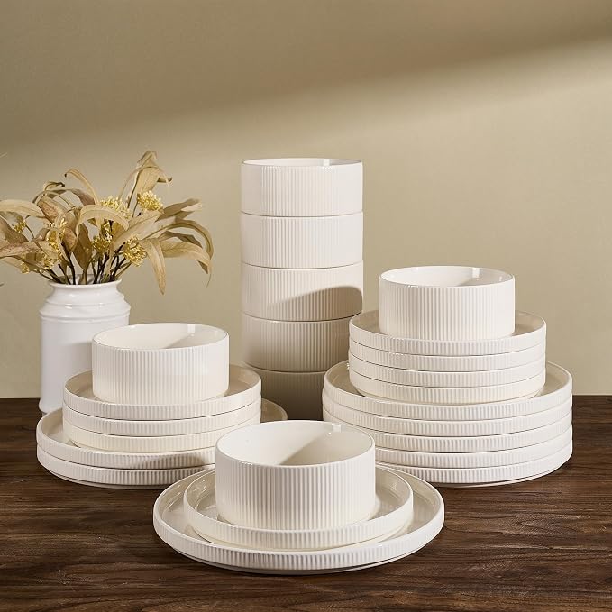Line Porcelain Dinnerware Set, dish set for 8, Creamy White | Premium dinnerware set, chip-resistant & durable. Safe for dishwasher, microwave, oven. For daily meals to festive feasts