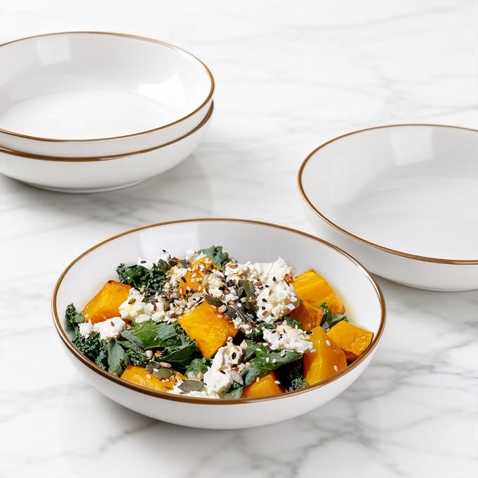 AmorArc 8.5’’ Ceramic Pasta Bowls Set of 4, 36oz Large Stoneware Bowls Set | Large Dinner Serving Bowls Set, Wide Bowl Plate for Pasta,Salad, Soup, Microwave Safe, Reactive Glaze-Pearl White