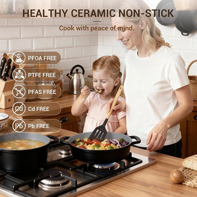 8-Piece Ceramic Nonstick Cooking Pot Set with Lid, 4.5 Qt Soup Pot, All-in-One Stock Pot for All Stoves, Dishwasher Safe & Easy to Clean, Induction Ready, PFAS Free, for Stews, Soups & Pasta