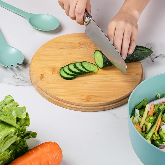 Bamboo Fiber 10 ″ Large Salad Serving Bowl Set with Wooden Lid & Servers, 3.5Qt Big Bowl with Utensils for Mixing Salad,Fruit,Pasta,Lightweight & Dishwasher Safe,, Ideal Gift for Home - Teal Color