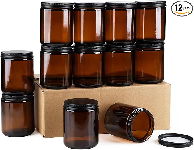Goiio 12 Pack Amber Glass Jars, 8 Oz Thick Amber Round Glass Jars | with Black Metal Lids, for Spice, Sample, Leakproof and Dishwasher Safe