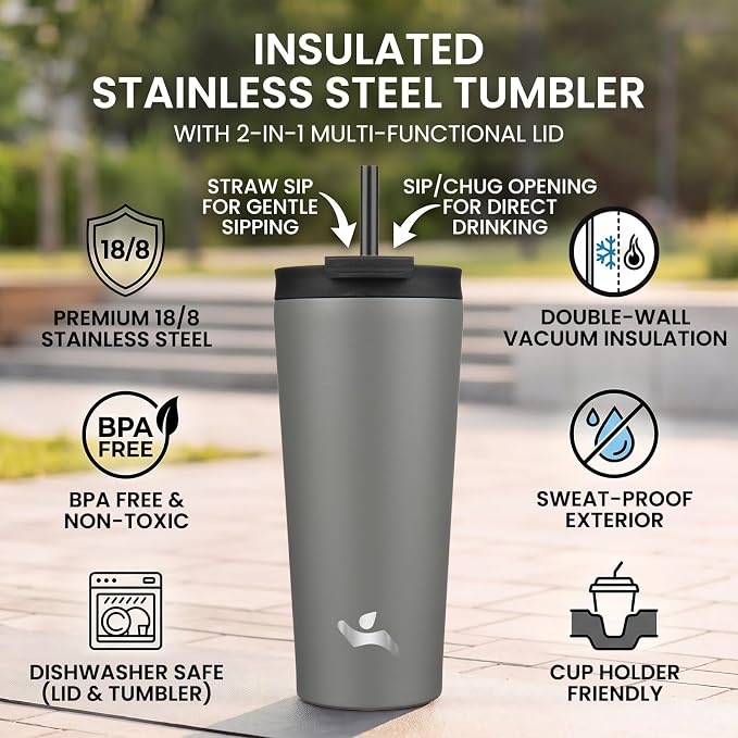 Konokyo 18 oz Insulated Tumbler Water Bottle with Straw Lid, Gray | Stainless steel insulated tumbler for coffee, water and iced drinks; spill-proof lid, 2 straws, cup-holder friendly