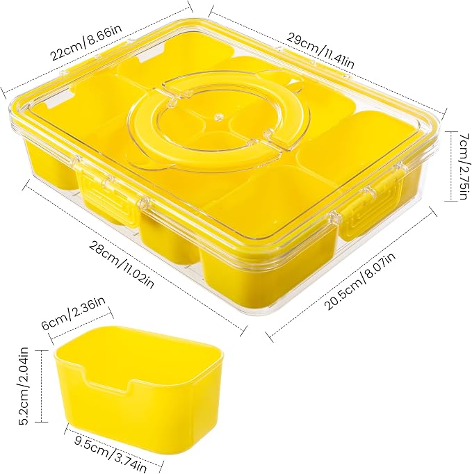 Dingerjar Divided Serving Tray with Lid and Handle - Snackle Box Charcuterie Container for Portable Snack Platters Organizer for Candy, Fruits, Nuts, Snacks - Perfect for Party, Entertaining, Yellow