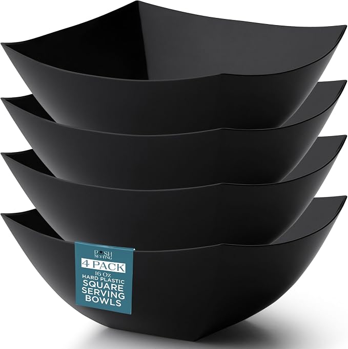 4 Pack Disposable Black Plastic Serving Bowls Square Party Candy Use 16oz | Square Design. Disposable Party Tableware. Salad, Fruit & Candy Use. Candy Buffet Containers. Black Plastic.