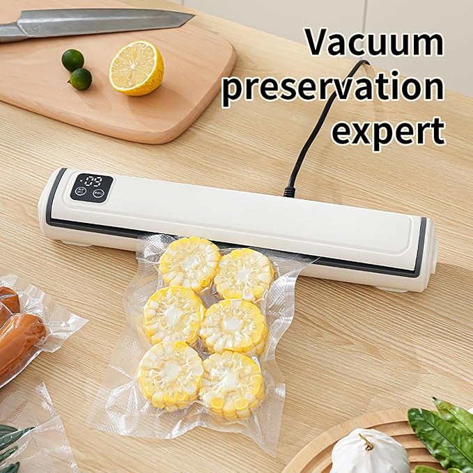 Vacuum Sealer with Compact Build, One-Touch Automatic Sealing Cycle (10-20 Seconds), Dry/Moist/Wet/Cold Food Modes, Includes 10 Vacuum Sealer Bags and Built-in Cutter for Easy Length Adjustment