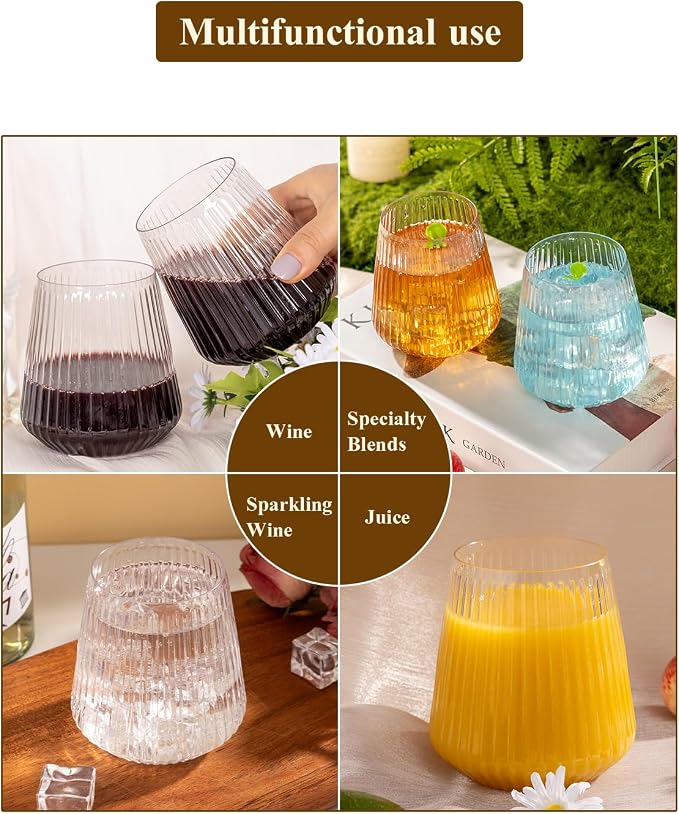 Goodluck 80 Pack 12oz Stemless Plastic Wine Glasses – Clear Ribbed Cups | Elegant Reusable Disposable Drinkware for Weddings, Parties, Bars, Indoor and Outdoor Events