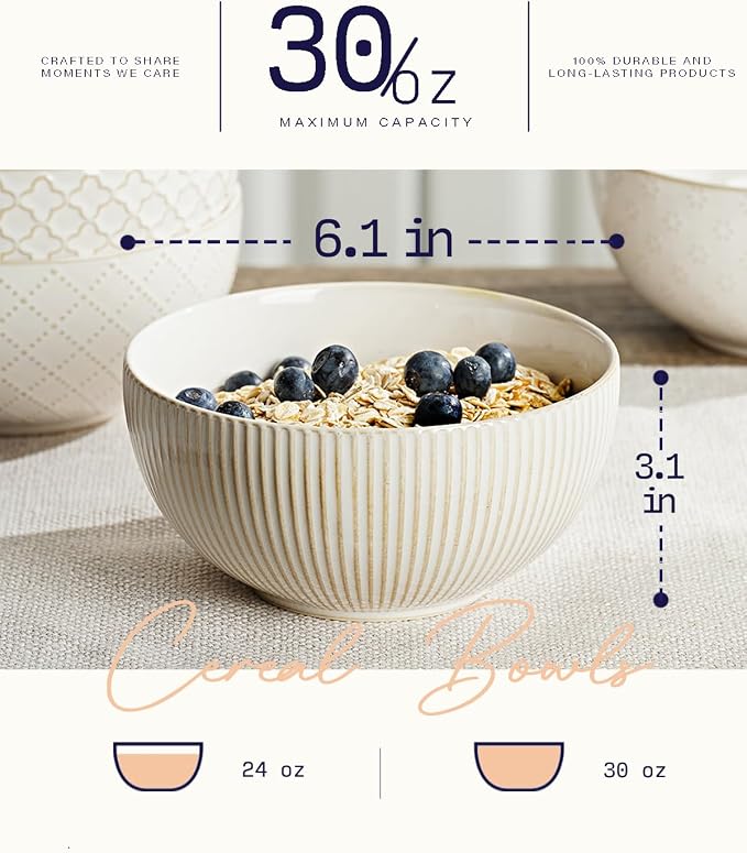 getstar Ceramic Soup Bowls, Big Cereal Bowl Set of 4 with Assorted Embossment (6.1 inch & 30 oz), Farmhouse Vintage Color Bowls for Kitchen