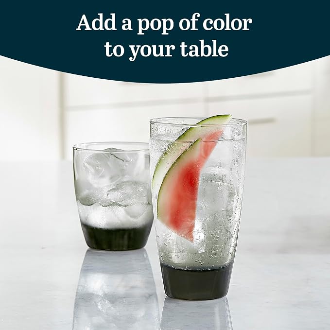 Libbey Classic Tumbler & Rocks Drinking Glasses Set of 16, Clear Glass Cups | 18 oz and 13 oz Capacities for Water, Soda, Cocktails, and More with Smoke-Tinted Bases and Dishwasher-Safe Cleanup
