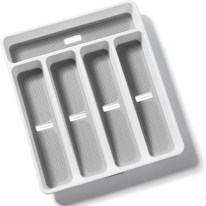 5-Compartment Silverware Organizer Tray with Icons for Kitchen Drawer | Non-slip TPR Linings，5-Compartment，High-quality Plastic，Fits Well In Standard Drawers，With Cutlery Icons