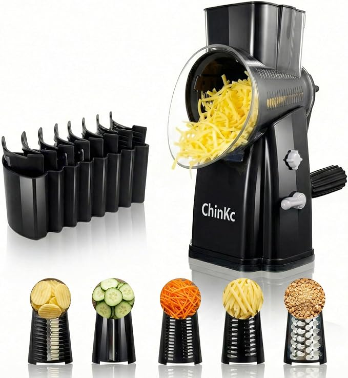 Upgrade Rotary Cheese Grater Shredder with Handle, Strong Suction Base, Multi-purpose Rotary Grater Slicer with 5 Interchangeable Blades for Ice, Vegetables, Fruit, Nuts with Blade Storage Box
