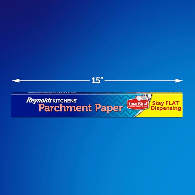 Reynolds Kitchens Stay Flat Parchment Paper Roll with SmartGrid, 45sq ft | Non-Curling Baking Parchment Paper Roll, 15 In Width, Nonstick, Microwave and Oven Safe To 425F, Easy Release and Cleanup