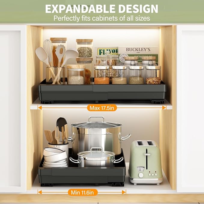DOMNIU Pull Out Cabinet Organizers Expandable,Black,16.9" Depth,2 Pack | Slide Out Drawers for Kitchen, Bathroom, Pantry, Under Sink Storage, Fixed with Adhesive Nano Film (11.6''-17.5'')