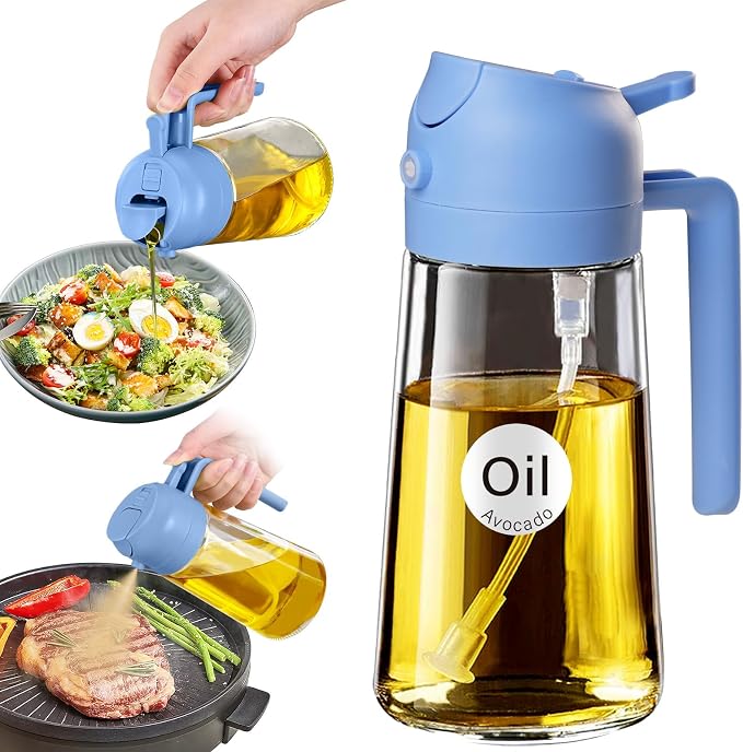 YARRAMATE 16 oz 2-in-1 Glass Olive Oil Sprayer for Cooking, SkyBlue | Food-grade dispenser bottle, 470 ml, spray and pour, portion control, stickers included, for salad, frying and BBQ