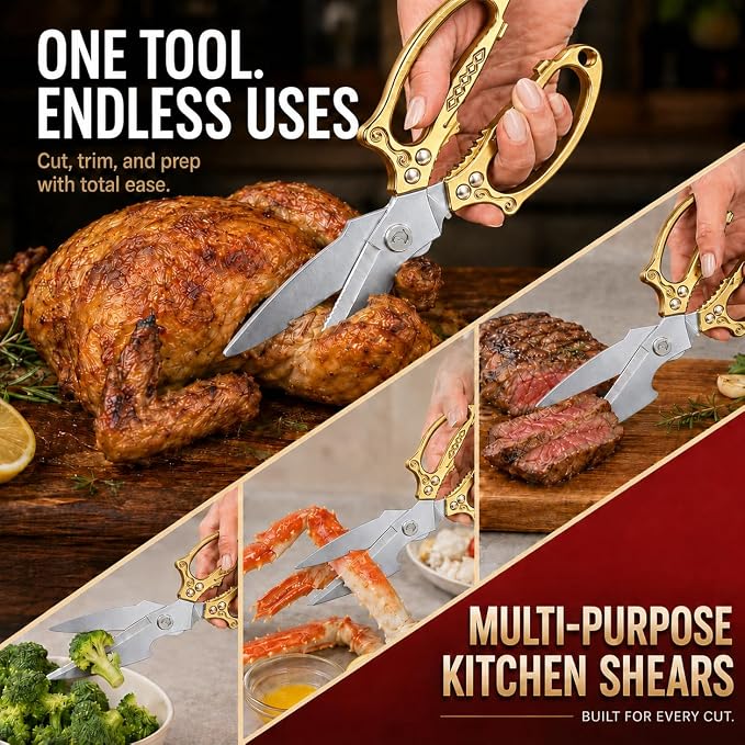Premium Gold Kitchen Shears Heavy Duty, Stainless Steel Multipurpose Scissors for Chicken, Meat, Poultry, Seafood & Vegetables, Sharp Food Cutting Scissors for Kitchen Use