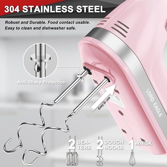 Lord Eagle Hand Mixer Electric Handheld 400W,5-Speed, Lightweight, Pink | Kitchen Mixer with Storage Case, 5 Stainless Steel Attachments for Baking Cake Egg Cream Food Beater, Turbo+Eject Button
