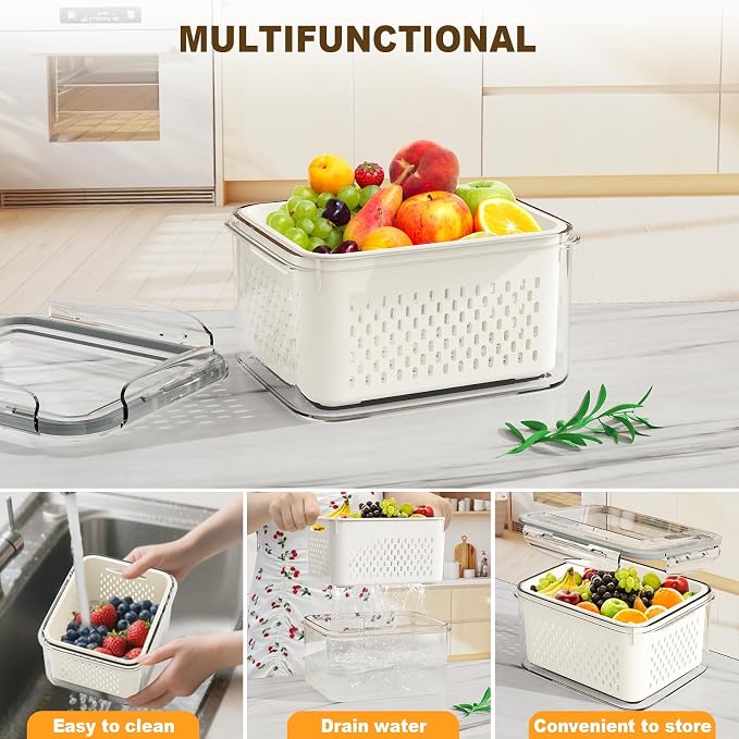 Dayacoco Fruit Storage Containers for Fridge 4 Pcs with Drain Basket | Fridge organizers & storage - 4 fruit containers w/ drain baskets, BPA-free PP, leak-proof seal, stackable, DW/MW safe.