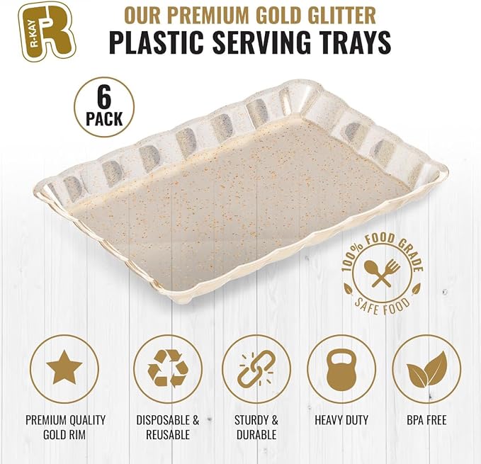 6 Pack Gold Glitter Plastic Serving Trays for Party, 9 x 13 Inch - Heavy Duty Plastic Gold Trays for Food - Rectangular Party Serving Platters