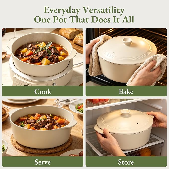 MAGNIFIQUE Slow Cooker, 4.5 Quart 8-in-1 Clay Pot Multi-Cooker, Non-Toxic Slow Cooker with Removable Clay Pot, for Rice, Pasta, Steam & Proof, Nonstick, Oven Safe Pot to 500°F, Oatmeal