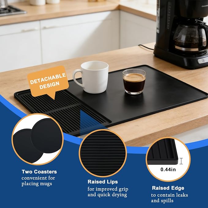 Mrcrypos Silicone Coffee Station Mat with Rasied Edges 16x24 Inch, Black | Anti-Slip, Heat-Resistant, Spill-Proof, Bar Mat for Most Countertop & Espresso Machines, under Coffee Maker/Dish Rack
