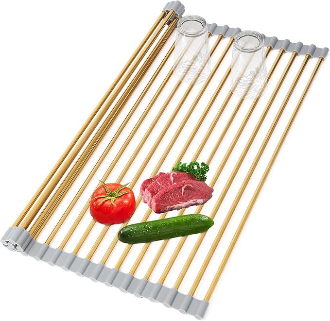 Golden Roll-UP Dish Drying Rack-Large Stainless Steel Dish Drainer Over The Sink for Kitchen Countertop, Applicable for Sink Width Less Than 16.5in (Gold,17.8'x 15.7')