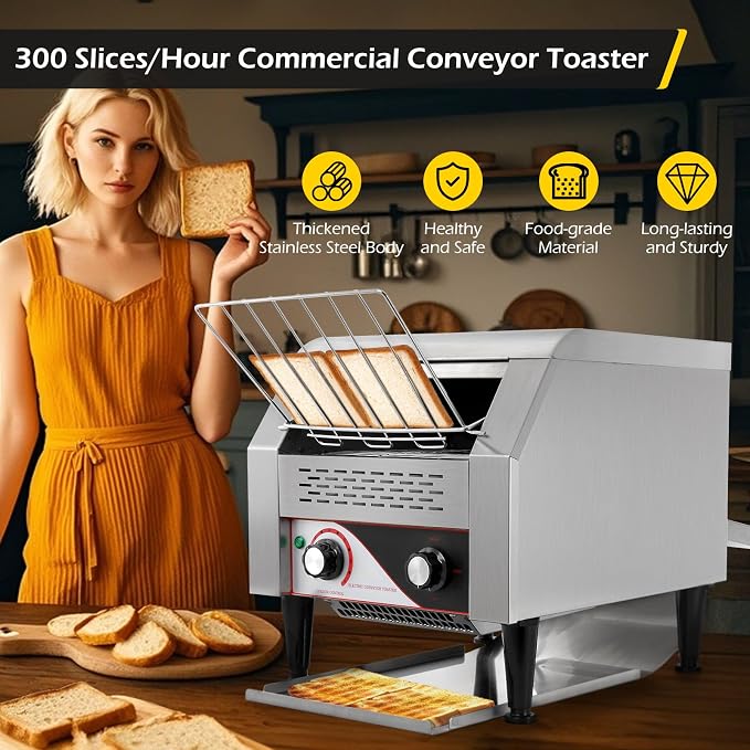 Dyna-Living Commercial Toaster 300 PCS/H Conveyor Toaster for Restaurant | 1900W Commercial Conveyor Toaster, Heavy Duty Stainless Steel Rolling Bread Toaster for Baking Bun, Bagel, Bread
