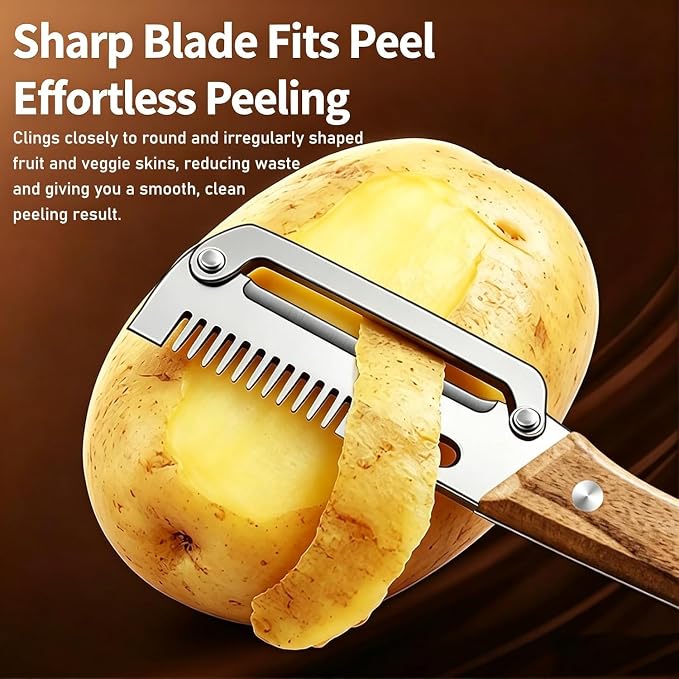 Multi-Functional Vegetable Peeler, 3-in-1 Stainless Steel Peeler | Ergonomic wooden non-slip handle, stainless steel blade, versatile uses, easy to clean