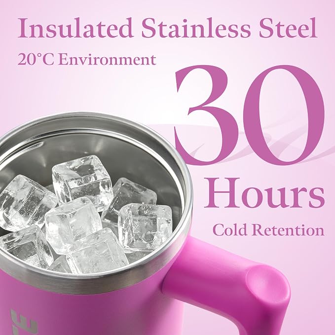 30 oz Water Bottle with Handle and Flip Straw, Coffee Travel Mug with Lids, Fits in Cup Holder Leak Resistant Tumbler Insulated Stainless Steel Gifts for Women Rose Purple Dark Blossom