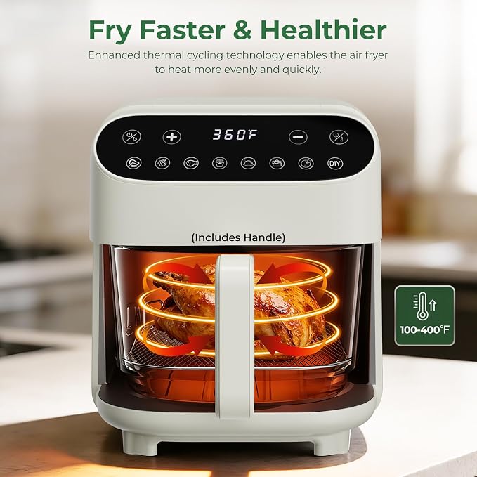 5 QT Glass Air Fryer, Non Toxic Airfryer with Digital Touch Control | 8 Preset Modes, PTFE/PFAS Free, BPA-Free, Uncoated High Borosilicate Glass Basket, Dishwasher Safe, White