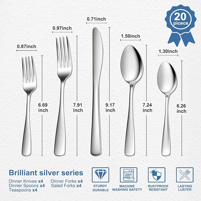 BEWOS 20 Piece Silverware Set - Stainless Steel Silverware Sets for 4 Include Spoon, Forks, Knives, Mirror Polished Flatware Set for Home, Kitchen, Restaurant, Dishwasher Safe
