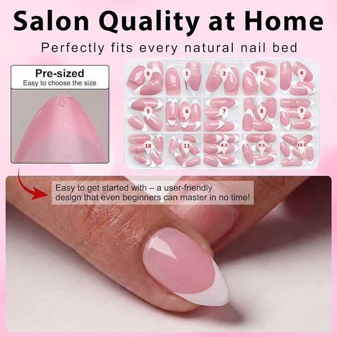 240pc Short Almond French Tip Press on Nails Pink Fake Nails with Glue Tab | Almond Nails Press ons Short Glue on Nails Acrylic Nails Stick False Nail Artificial Fingernail for Women Girls