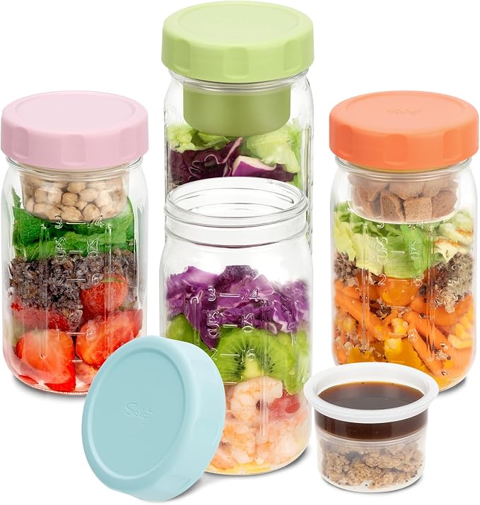 SOLIGT 4 Pack Glass Salad Jars with Lids Meal Prep, Wet/Dry Separation | Pink/Orange/Sky Blue/Olive Green, Leakproof, Two Small Built-in Cups for Salad Dressing and Dry Ingredients,32oz Mason Jars