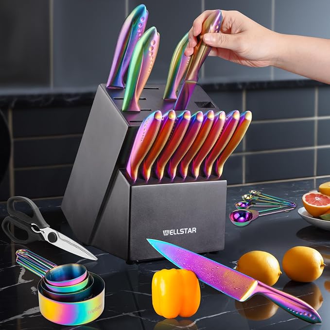 Rainbow Knife Block Set 27-Piece, Iridescent German Stainless Steel Kitchen Knives Set with Wooden Holder, Colorful Titanium Coating, Include Scissors and 2-Stage Built-in Sharpener and 8pcs Gadgets