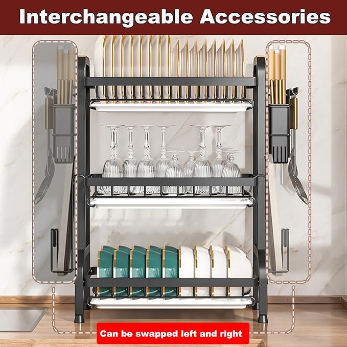 Dish Drying Rack,Dish Racks Drainer,Keep Kitchen Sink Shlef Organized | Over The Sink Dish Drainer Drying Rack 3 Tier with Drain Tray,Chopsticks Rack,Knife Holder