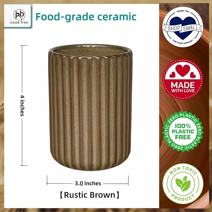 TOPYOKK Stoneware Coffee Bar Utensil Holder Tea & Coffee Spoon & Stirrer Holder for Stir Stick Straw Teaspoon Holder Espresso Spoon Cup Small Utensil Jar Fluted Vertical Stripe (Rustic Brown)