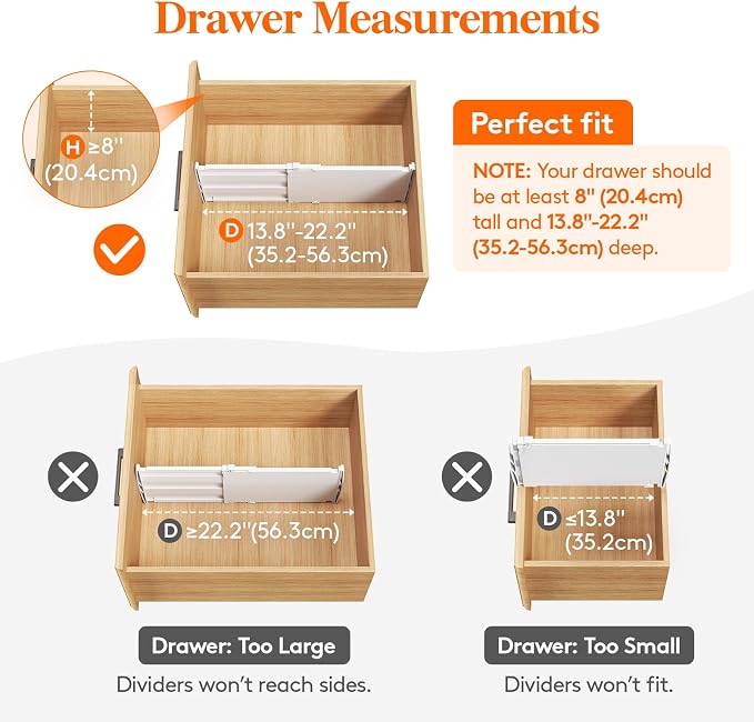 Lifewit 8" Tall Drawer Dividers, Adjustable Deep Drawer Organizer Clothes | 8 Pack 13.8"-22.2" Expandable White Plastic Separators for Dresser, Kitchen, Cabinet, Closet, Office Organization & Storage