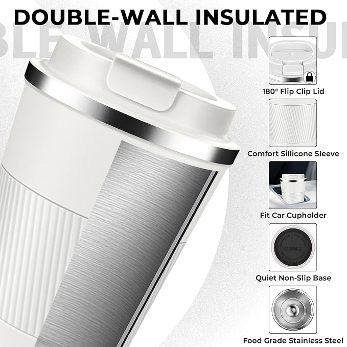 Insulated Coffee Tumbler 12 oz, Stainless Steel Coffee Mug with Lids, Travel Coffee Mug Leak Proof, Double Wall Vacuum Insulated Reusable Coffee Cup, Keep Drinks Hot and Cold (White, 12 Ounces)