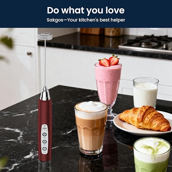 Milk Frother Wand Rechargeable Handheld Electric Whisk 3 Speed Adjustable | Coffee Frother Wand with 3 Stainless Whisks Electric Foam Maker Drink Mixer Blender for Latte Cappuccino Matcha Egg