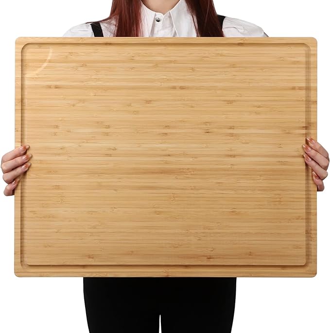 BAMOTTO CRAFTBAMBOO Extra Large Bamboo Cutting Board 24"x18" | Juice Groove | Handles | 100% Natural Bamboo Flat Board for Meat Carving, Charcuterie, Cheese Bread & Daily Kitchen Prep