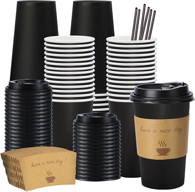BYSNOW 16 oz 50 pack Disposable Coffee Cups with Lids, Sleeves & Stirrers | Paper Hot Coffee Cups with Lids, Sleeves and Stirring Sticks, To Go Cups for Home, Office, and Cafe (Black 16oz)