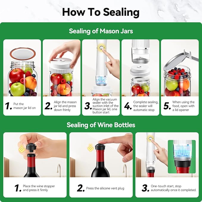 80kPa Vacuum Sealer for Food, Compact&Handheld Sealer for Meal Prep | 2000mAh Vacuum Sealer Machine, Cordless & Rechargeable Mason Jar Vacuum Sealer for Food Storage White(30Bags+30 Mason Lids)