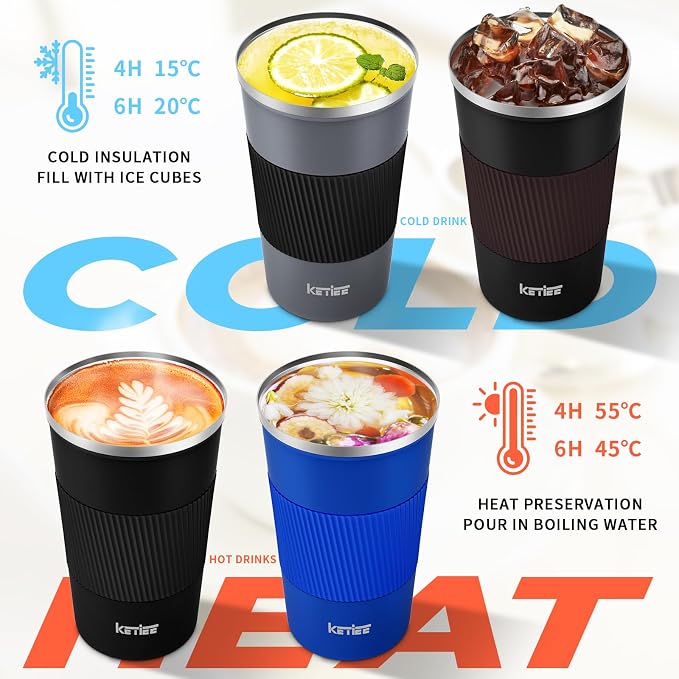 KETIEE Travel Mug, 12oz Insulated Coffee Cup with Leakproof Lid, Vacuum Stainless Steel Double-Wall Travel Coffee Mug Spill Proof, Reusable Tumbler for Men and Women for Hot & Cold Water Tea