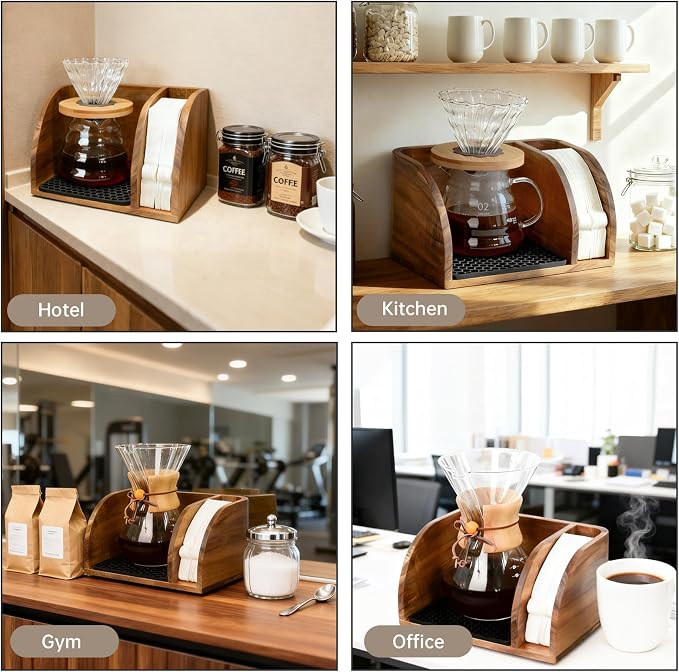 Acacia Coffee Caddy Station Organizer Stand for Chemex Pour Over Maker | Wood Coffee Filter Holder Storage for Countertop, Coffee Bar for Pour Over Chemex Bodum Cosori Coffee Maker with Dripper Mat