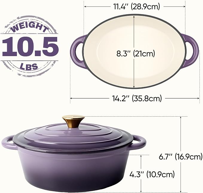Oval Dutch Oven for Bread Baking, 4.5 Quart Non Stick Enameled Cast Iron Dutch Oven Pot with Lid, Oven Safe Oval Casserole with Lid up to 500°F for Baking, Braising, Stews, Roasting, Purple