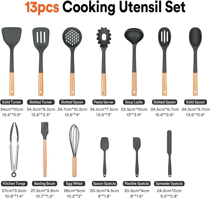 13PCS Silicone Kitchen Utensils Set for Nonstick Cookware, Grey | Food Grade, Heat Resistant Kitchen Utensil Spatula Set, Wooden Handles Kitchen Gadgets Tools Set