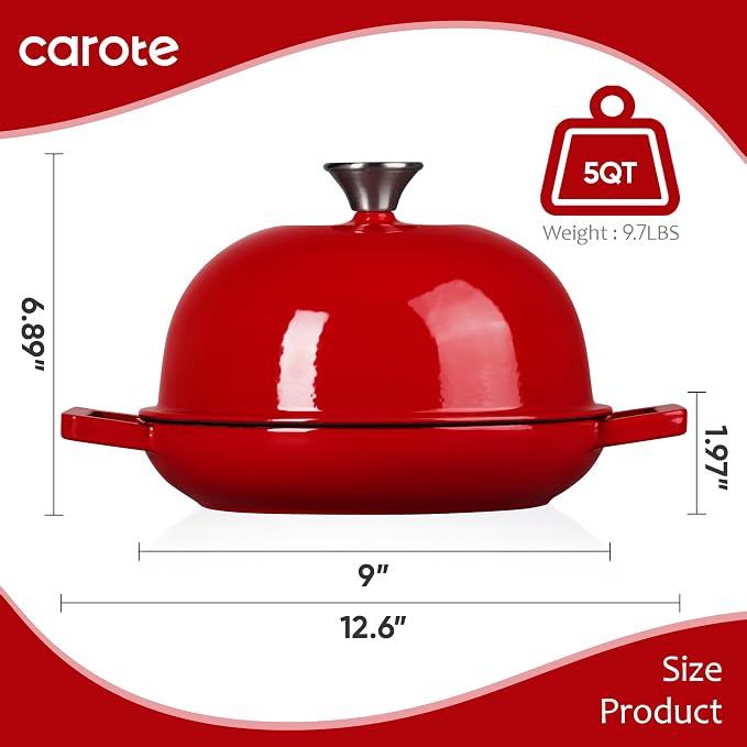 CAROTE 5QT Enameled Cast Iron Dutch Oven, Red Round Bread Oven | Homemade Sourdough Bread Baking, Healthy & Non-Toxic, Dual Handles, All Stovetop Compatible, Oven Safe up to 500° F
